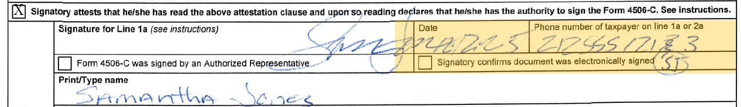 IRS Form 4506-C example showing form alterations such as white-out or cross-outs that interfere with OCR processing