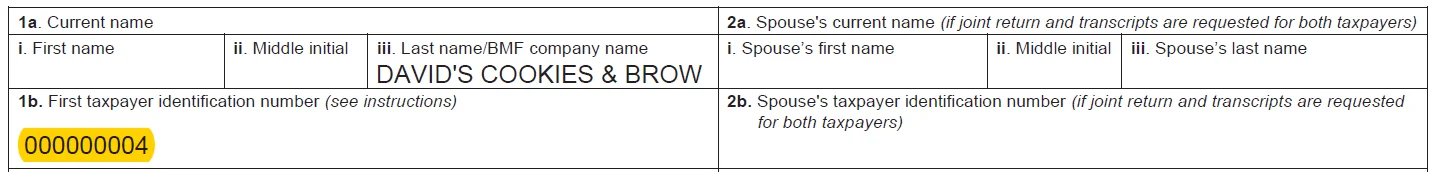 IRS Form 4506-C example showing an incorrectly formatted employer identification number