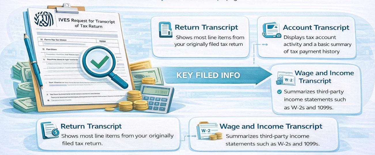 Common IRS transcript types for Form 4506-C including return, account, and wage and income transcripts