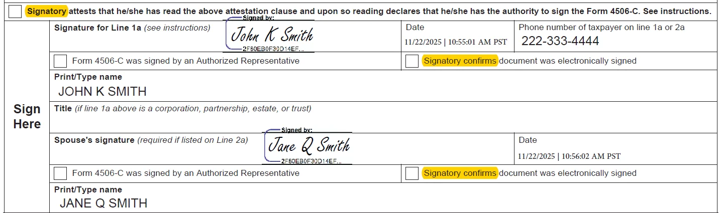 IRS Form 4506-C example showing the electronic signature authorization box not selected