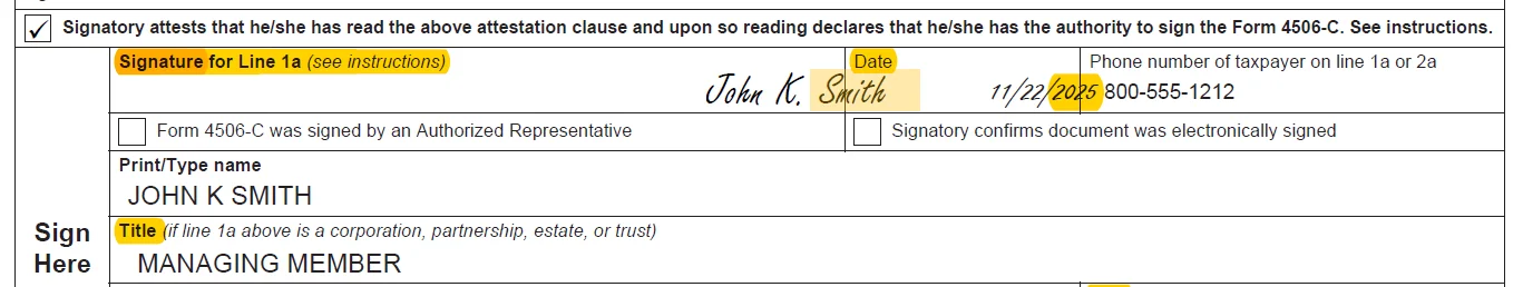 IRS Form 4506-C example showing data overlapping into adjacent fields affecting OCR accuracy