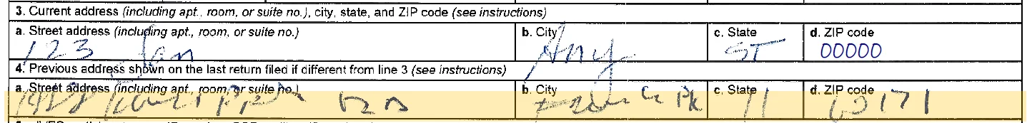 IRS Form 4506-C example showing illegible handwritten entries in Lines 1–8 that interfere with OCR processing