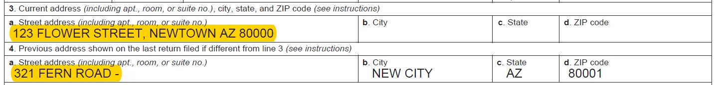 IRS Form 4506-C example showing missing or misplaced street, city, state, or ZIP code in Lines 3–4