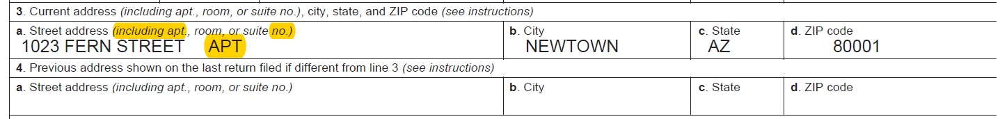 IRS Form 4506-C example showing a missing apartment or unit number in the address