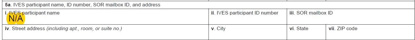 IRS Form 4506-C example showing “N/A” entered in required participant or client fields in Line 5a