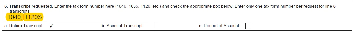 IRS Form 4506-C example showing multiple tax return form types listed in Line 6