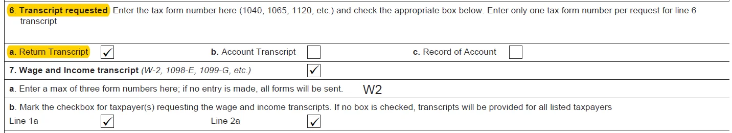 IRS Form 4506-C example showing Line 7 selected in addition to Line 6
