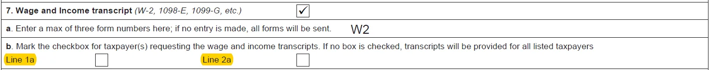 IRS Form 4506-C example showing failure to select the correct borrower in Line 7