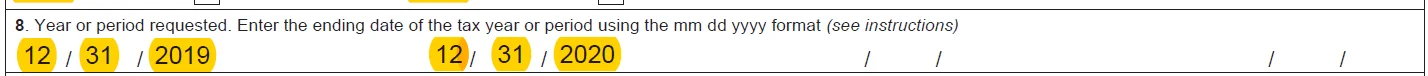 IRS Form 4506-C example showing a requested tax year outside IRS retention limits in Line 8