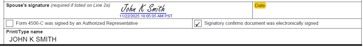 IRS Form 4506-C example showing signature and date not entered in separate required fields