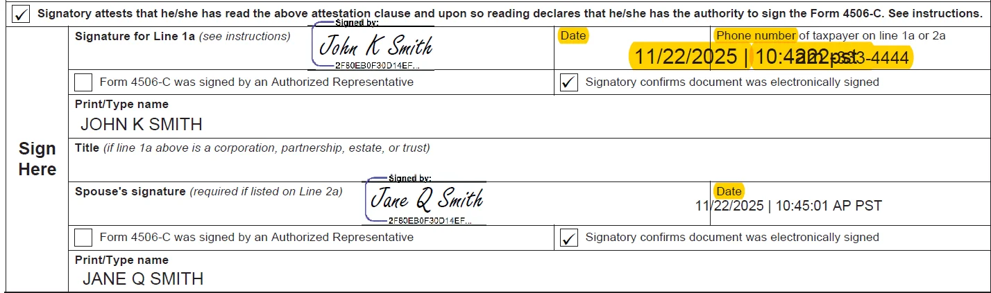 IRS Form 4506-C example showing a signature extending beyond the designated field