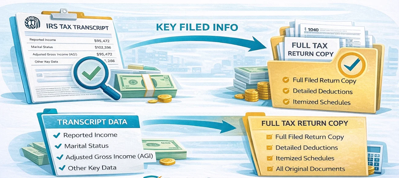 IRS transcript data returned from a Form 4506-C request including income, tax filings, and reported records used 
                            for mortgage underwriting
