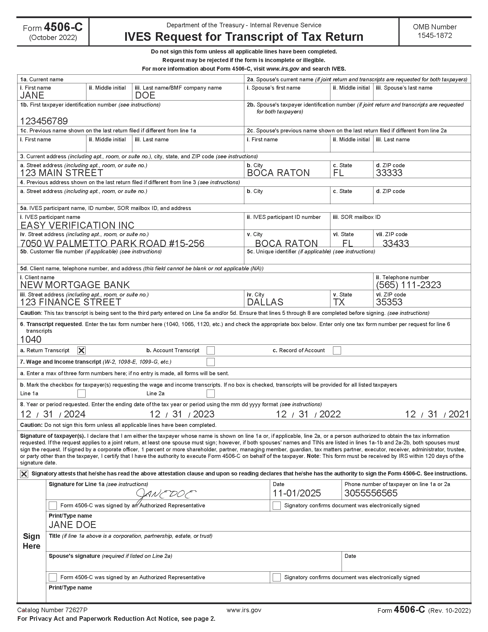 Sample IRS Form 4506-C partially filled out for Easy Verification