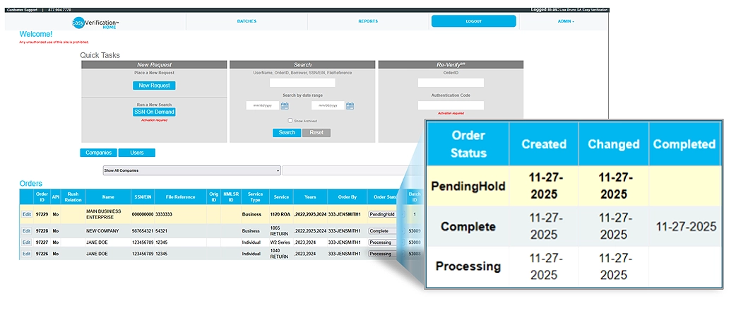 Easy Verification dashboard transparency example